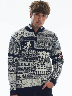 Dale of Norway History Men's Sweater - Norwegian Wool Navy Offwhite Raspberry Best Sale